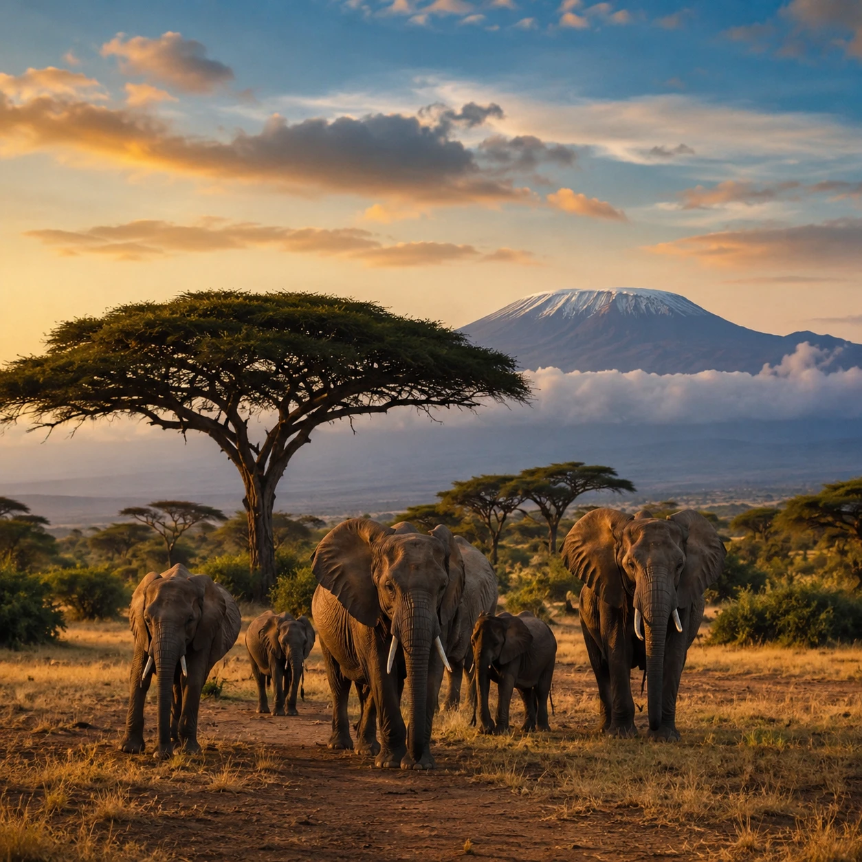 Elephant herd crossing the savanna beneath Mount Kilimanjaro, Kenya
