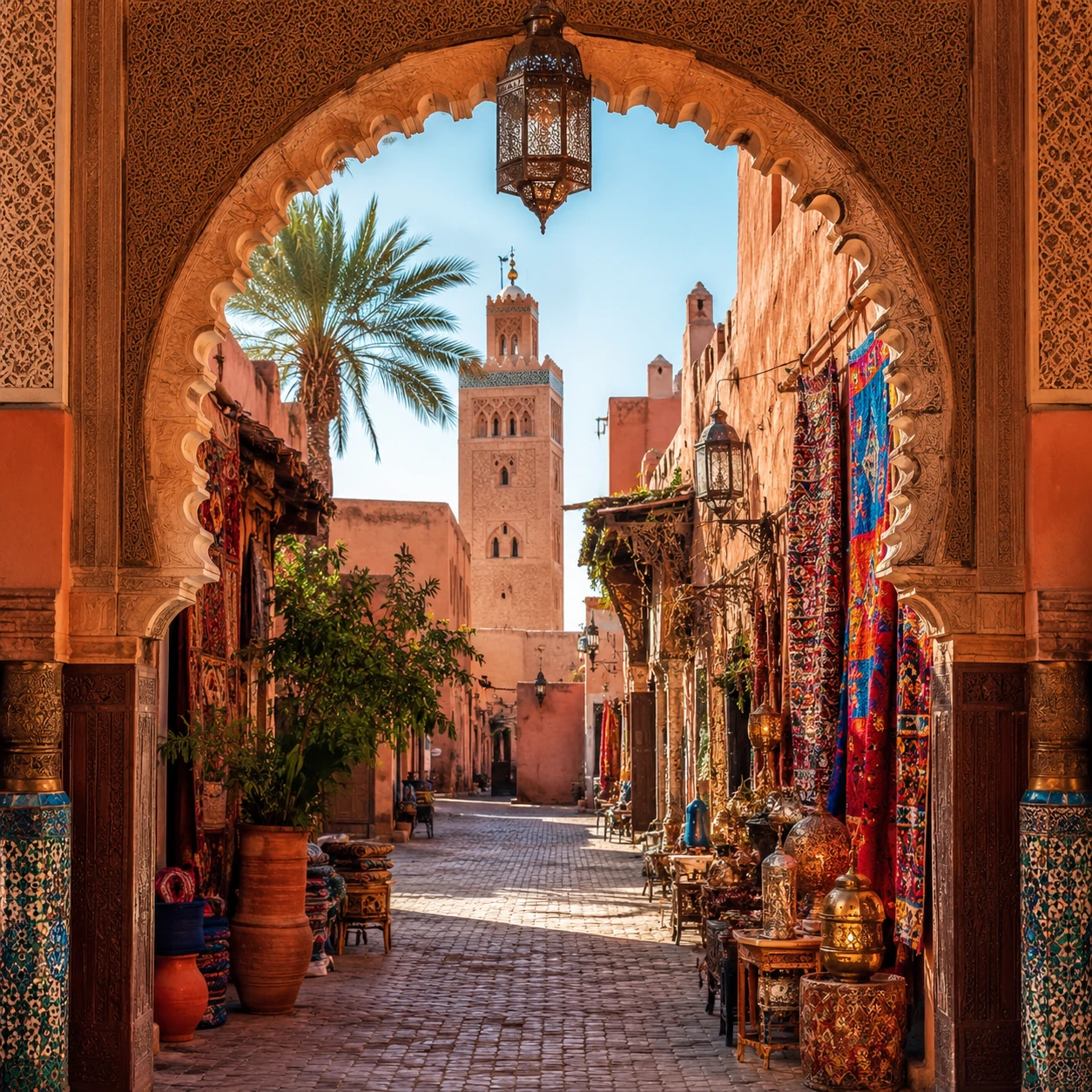 Ornate archway into the Marrakech medina with a lantern and palm tree, Morocco