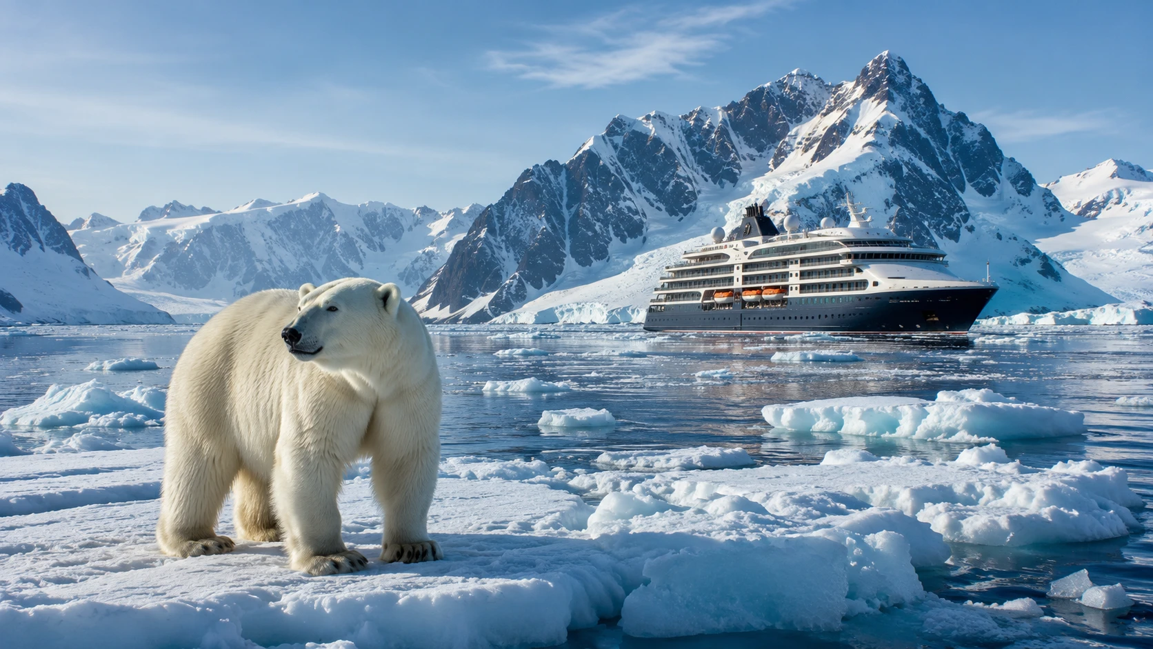Polar bear on pack ice with an expedition ship and snow-capped peaks beyond