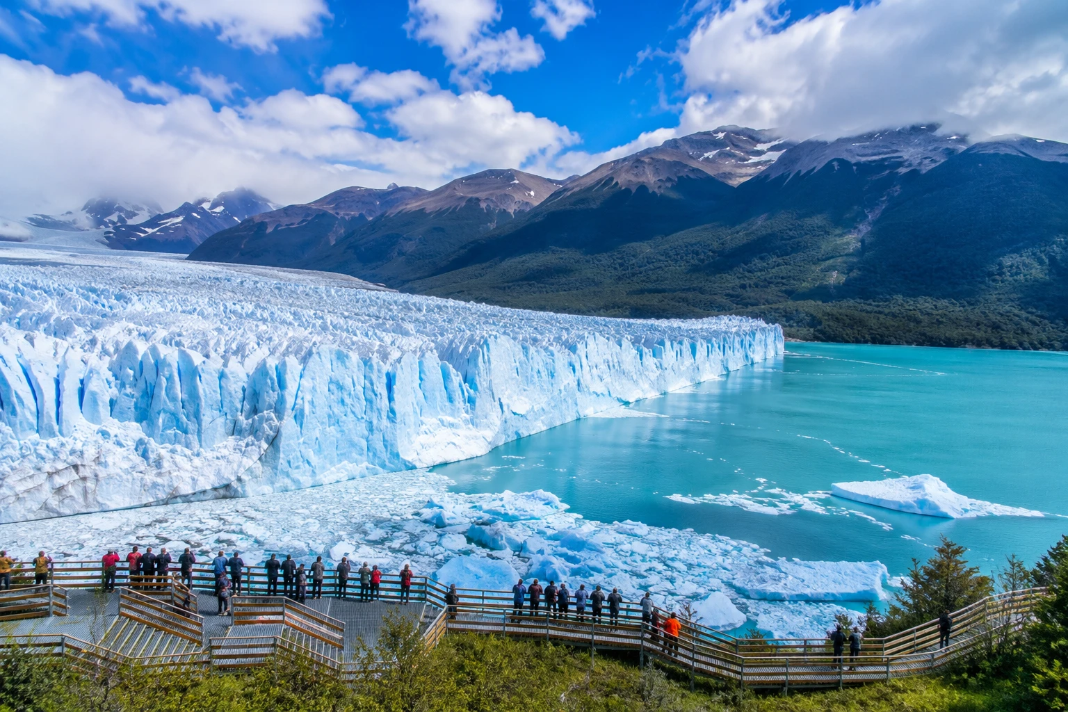 Visitors on walkways facing the Perito Moreno Glacier ice wall in Patagonia, Argentina