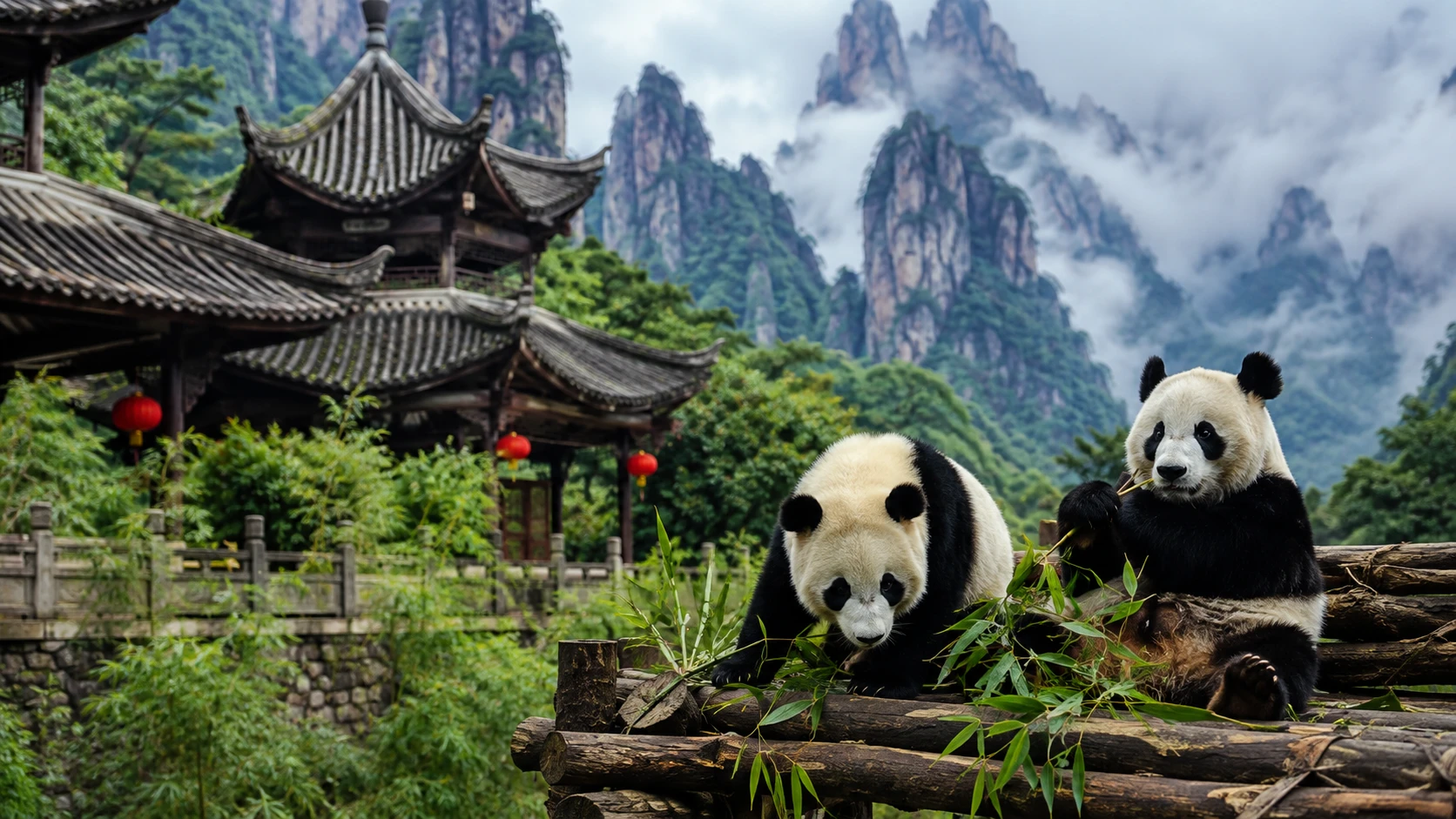 Giant pandas eating bamboo beside a pagoda in the misty mountains of China