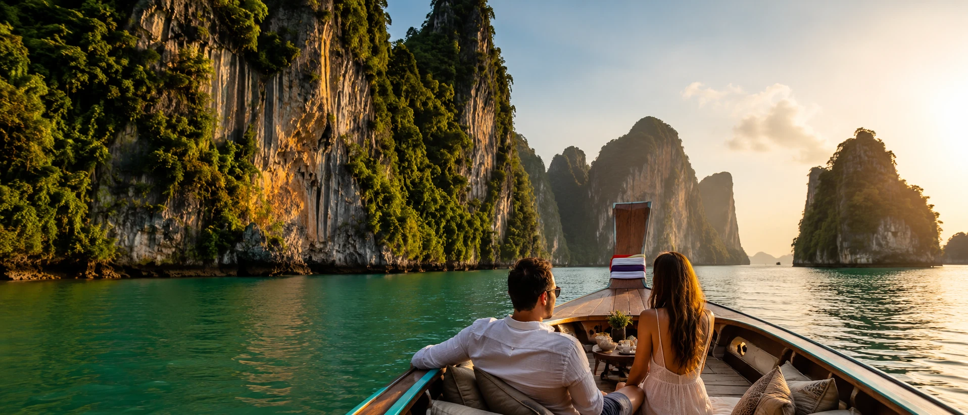 A couple relaxing on a traditional longtail boat sailing past limestone karst cliffs at golden hour