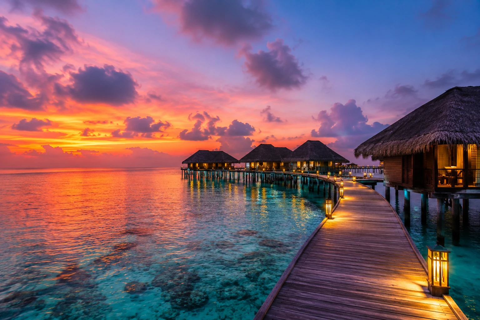 Overwater villas and a lantern-lit boardwalk at sunset, Maldives