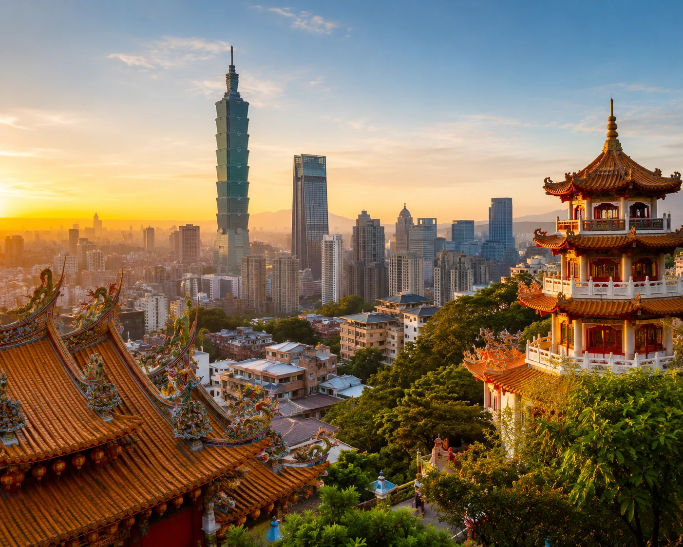 Taipei 101 rising beyond a temple pagoda at sunrise, Taiwan