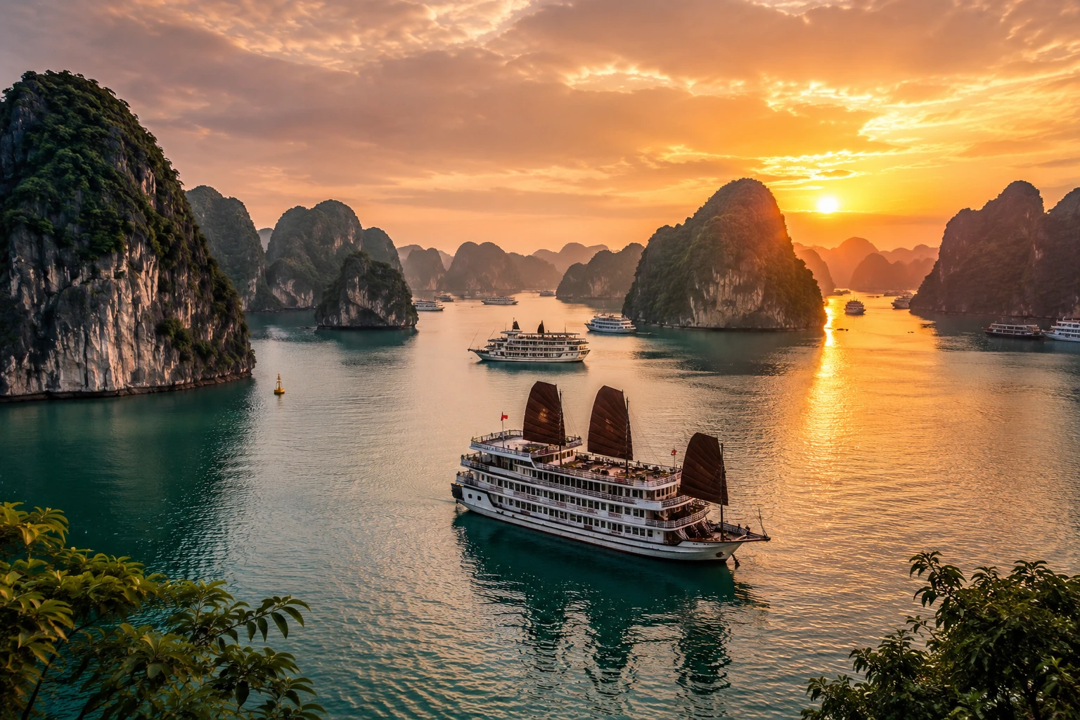 A junk boat sailing between limestone karsts at sunset, Ha Long Bay, Vietnam