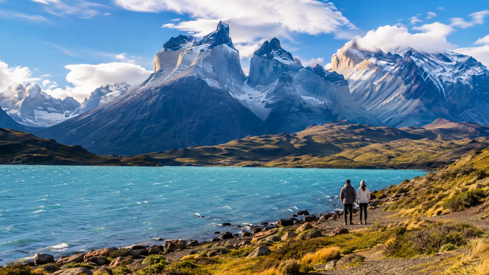 Hikers beside a turquoise lake below the granite peaks of Torres del Paine, Patagonia, Chile