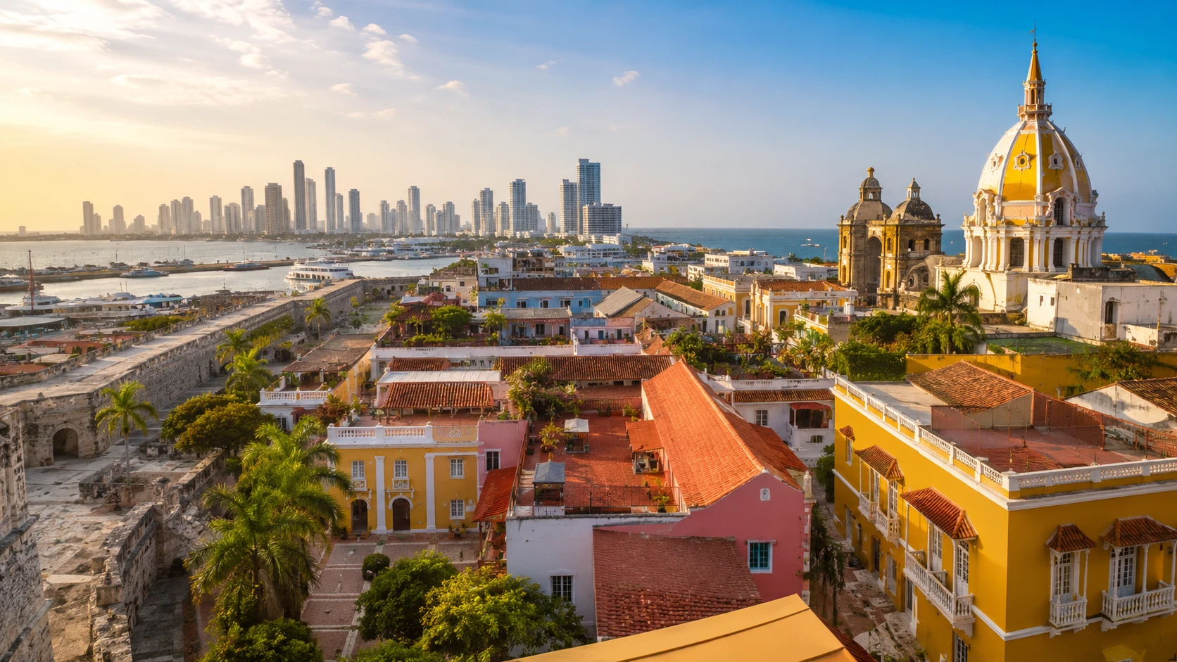 Cartagena's colonial old town and modern skyline at sunset, Colombia