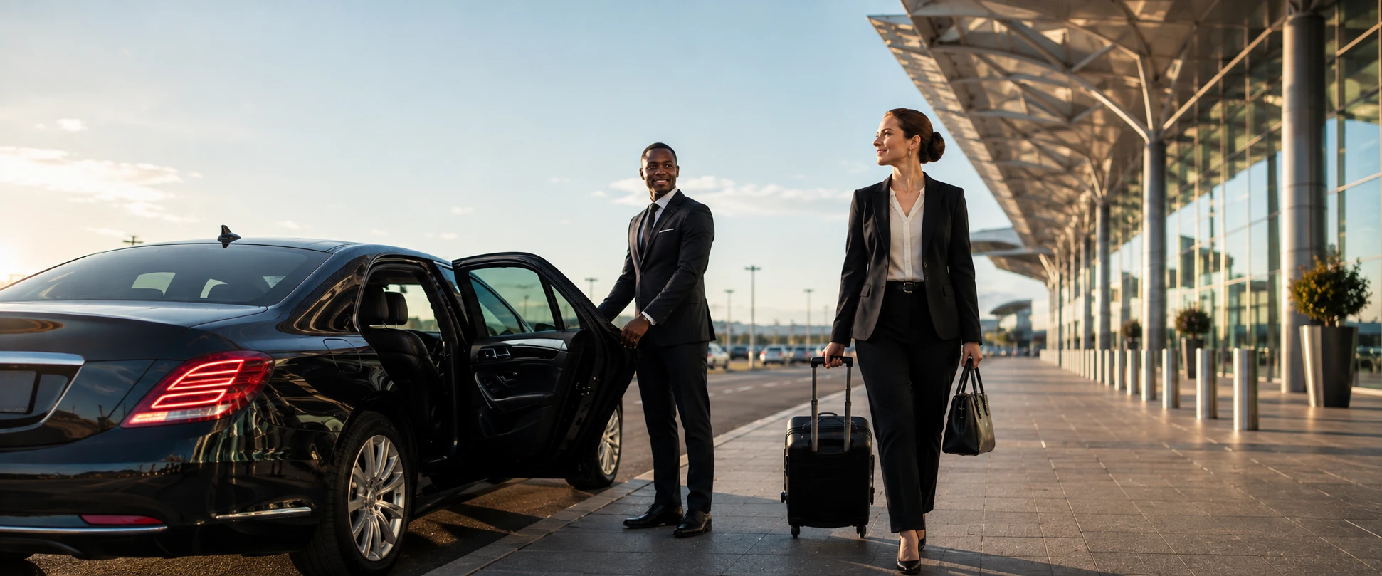 A chauffeur opening a car door for a businesswoman arriving at the airport terminal with her luggage