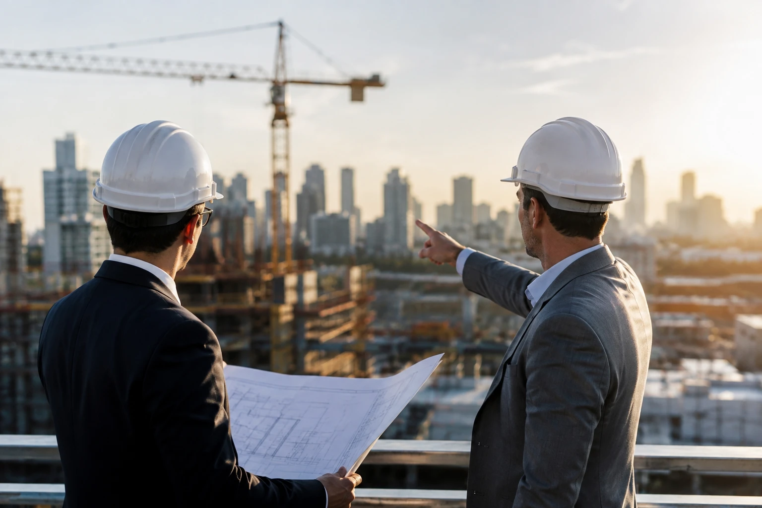 Two engineers in hard hats overlooking a construction site with a crane and city skyline