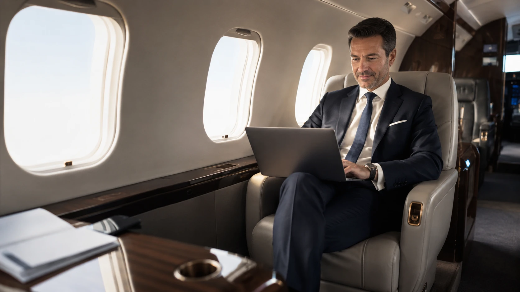 An executive working on a laptop in a private jet cabin