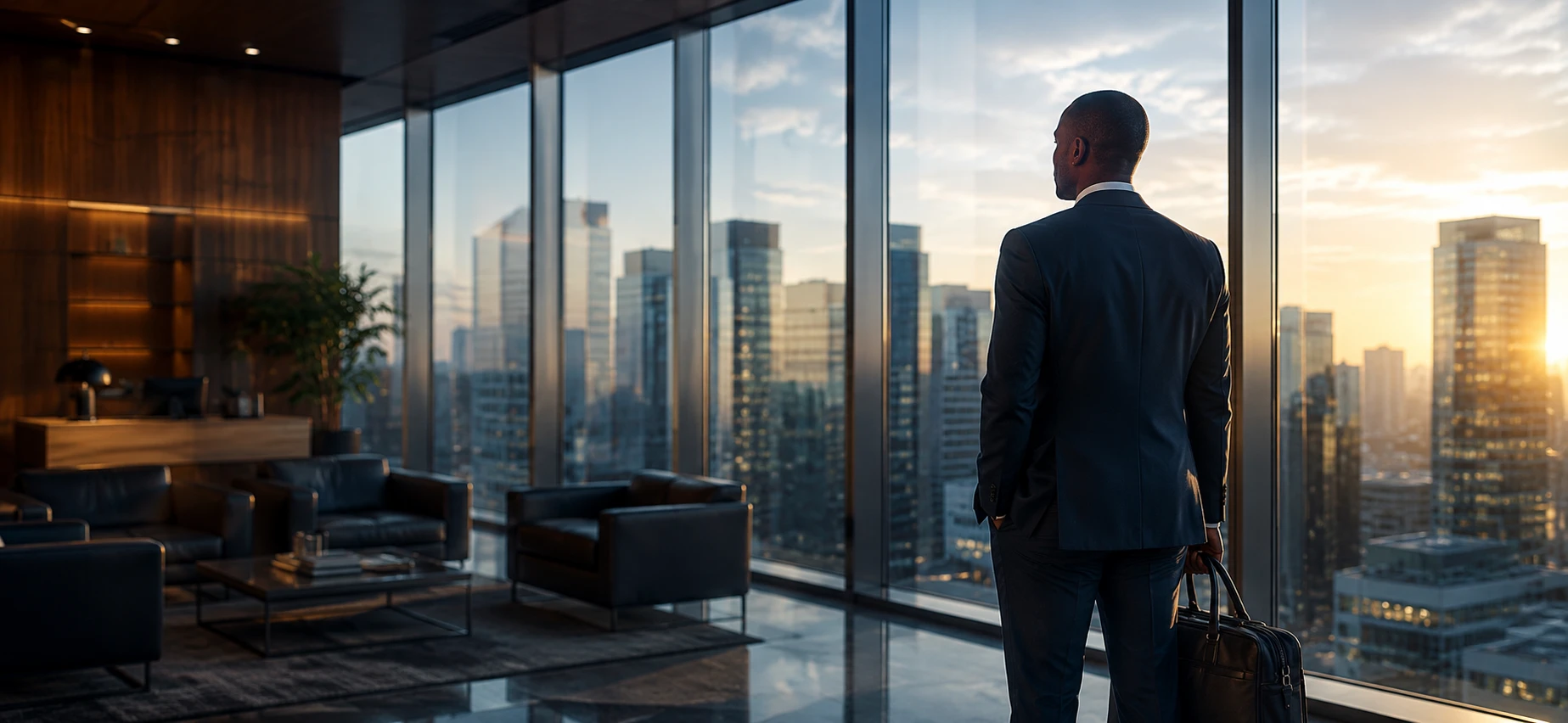 An executive standing in a corner office at dusk, looking out over a city skyline with a briefcase in hand