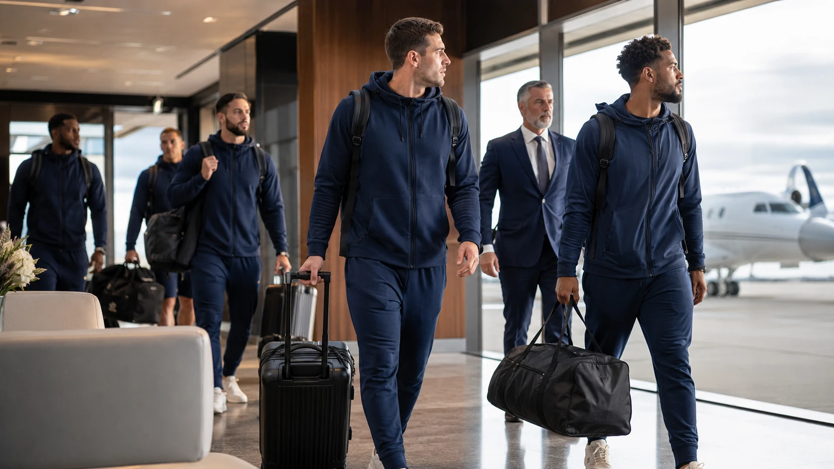 A sports team walking through a private terminal toward a waiting jet