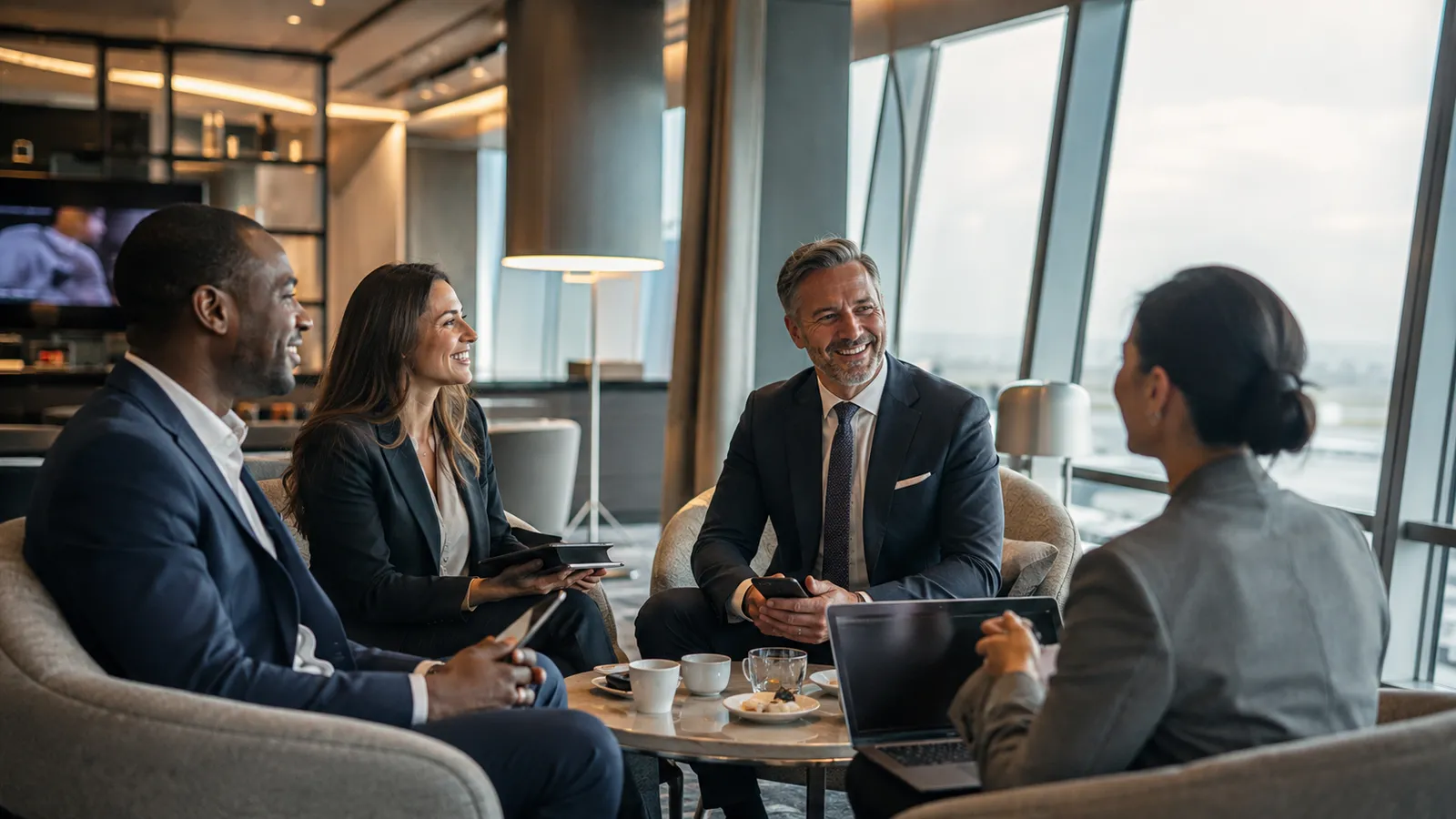 Four business colleagues in conversation over coffee in an airport lounge with a runway view