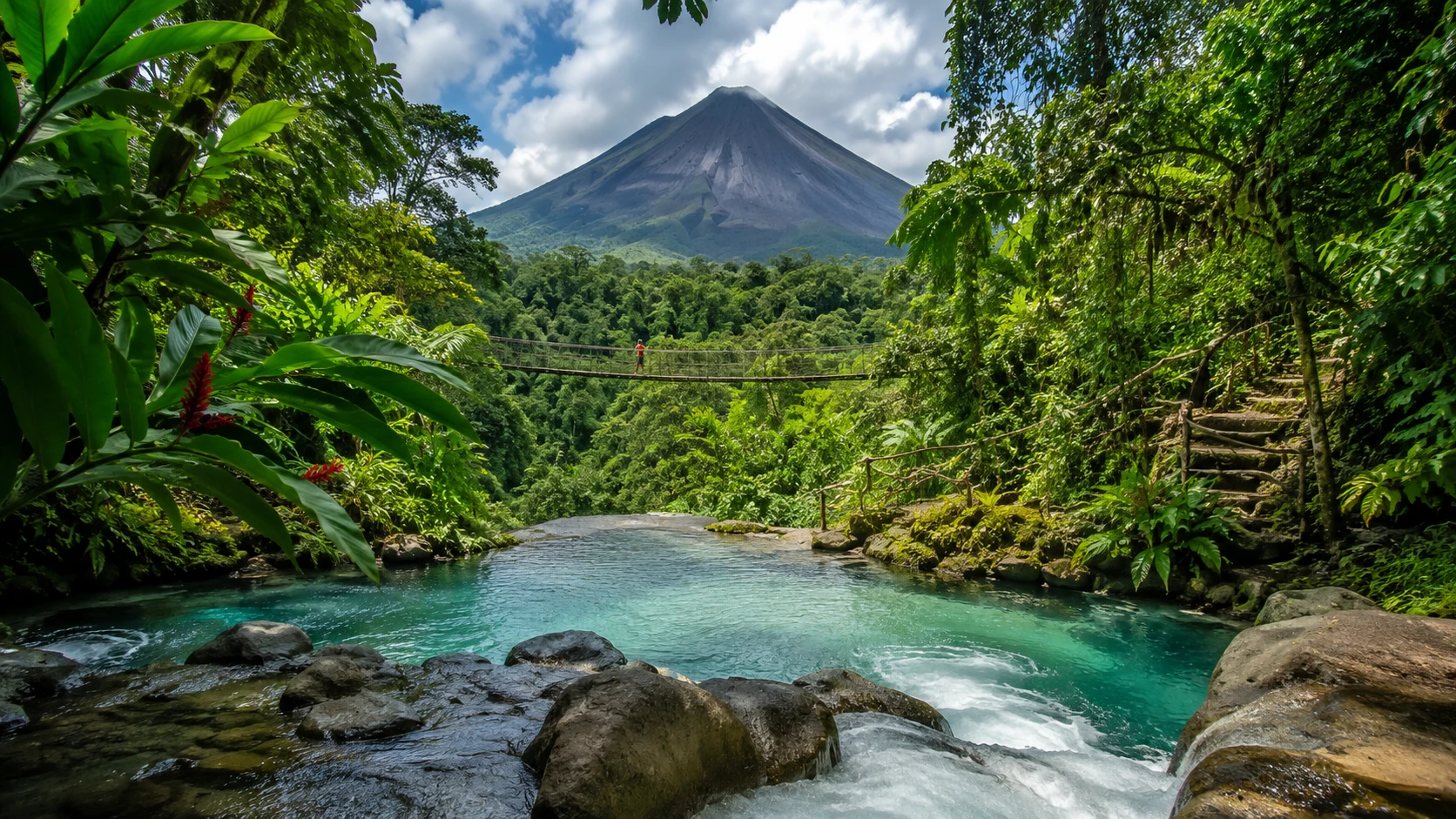 Arenal Volcano rising above a rainforest hanging bridge and turquoise river, Costa Rica