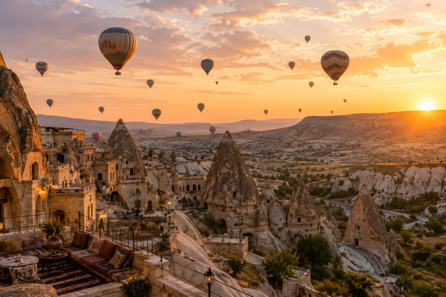 Hot-air balloons over Cappadocia's rock formations at sunrise, Turkey