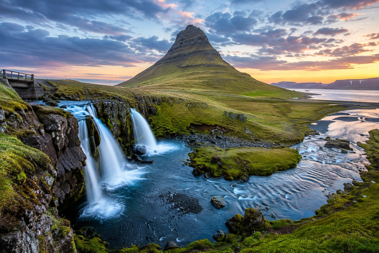 Kirkjufellsfoss waterfall beneath Kirkjufell mountain at sunset, Iceland