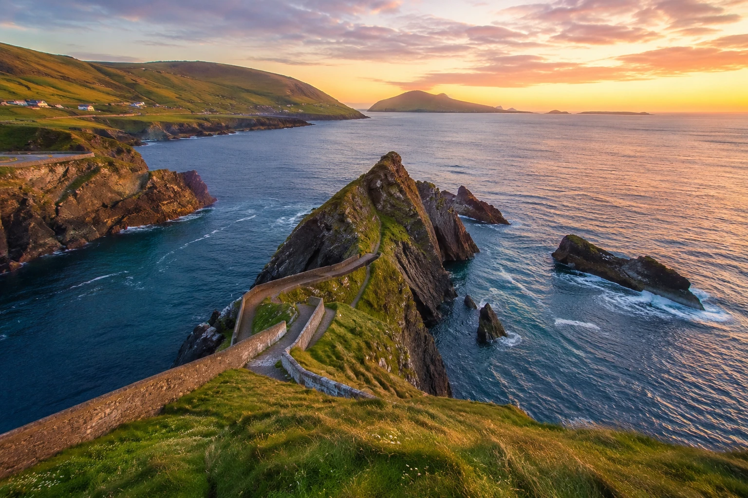 Sunset over the rugged cliffs of the Dingle Peninsula, Ireland