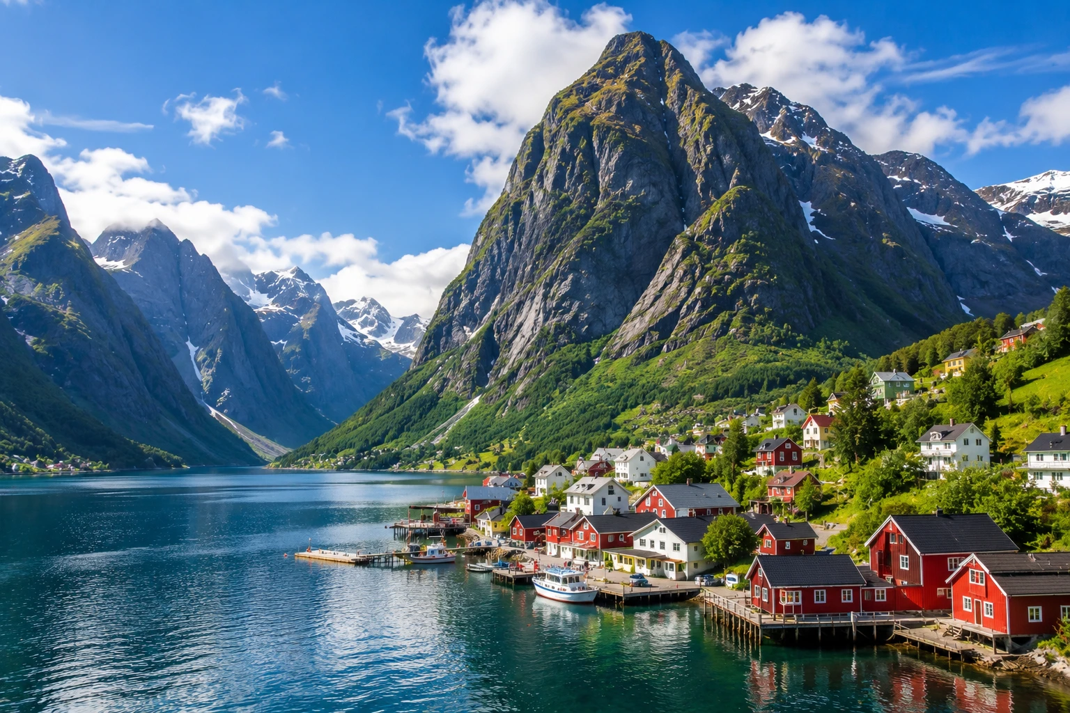 A colorful fishing village beneath towering peaks on a Norwegian fjord