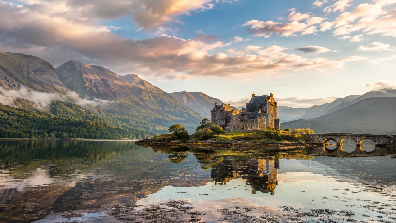 Eilean Donan Castle reflected in a Scottish loch beneath the Highlands