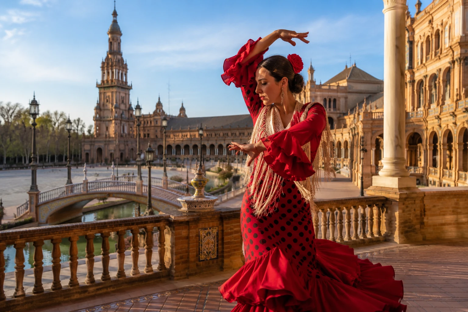 A flamenco dancer in a red dress at the Plaza de España, Seville