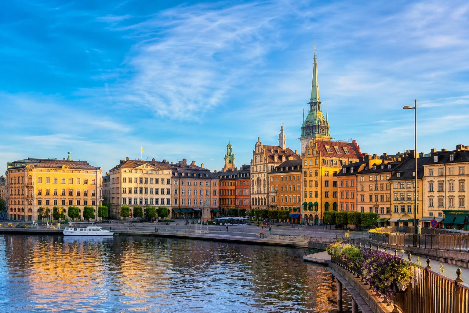 Stockholm's Gamla Stan waterfront at golden hour
