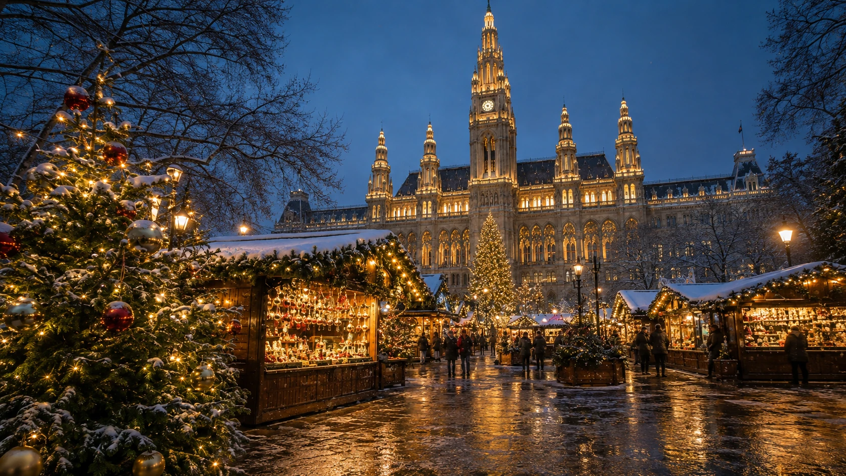 Vienna's City Hall Christmas market lit up at night, with snow-covered stalls and a glittering tree