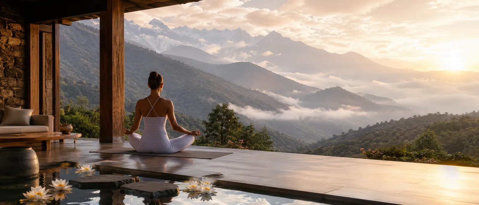 A woman in seated meditation on a terrace above a lotus pool, facing snow-capped Himalayan peaks at sunrise