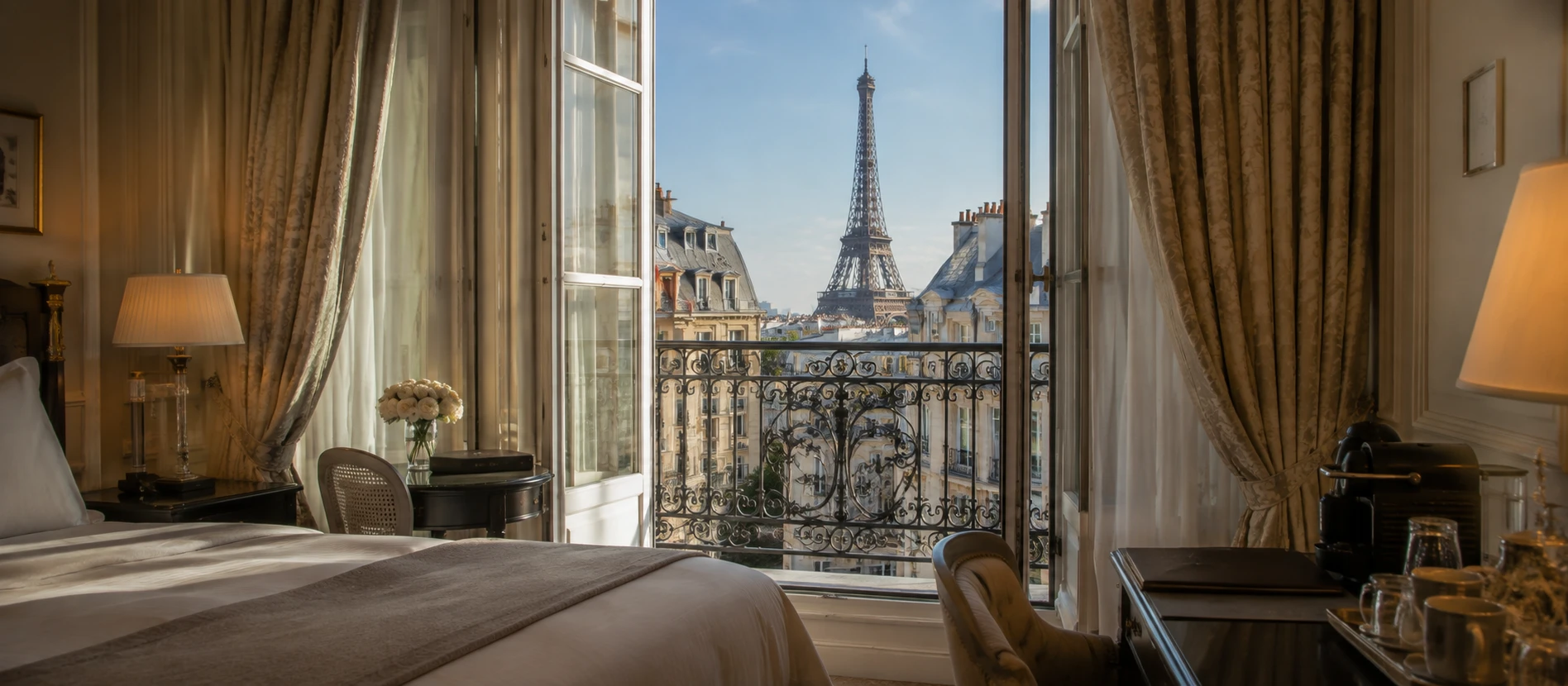 Luxury hotel suite balcony with an Eiffel Tower view over Parisian rooftops