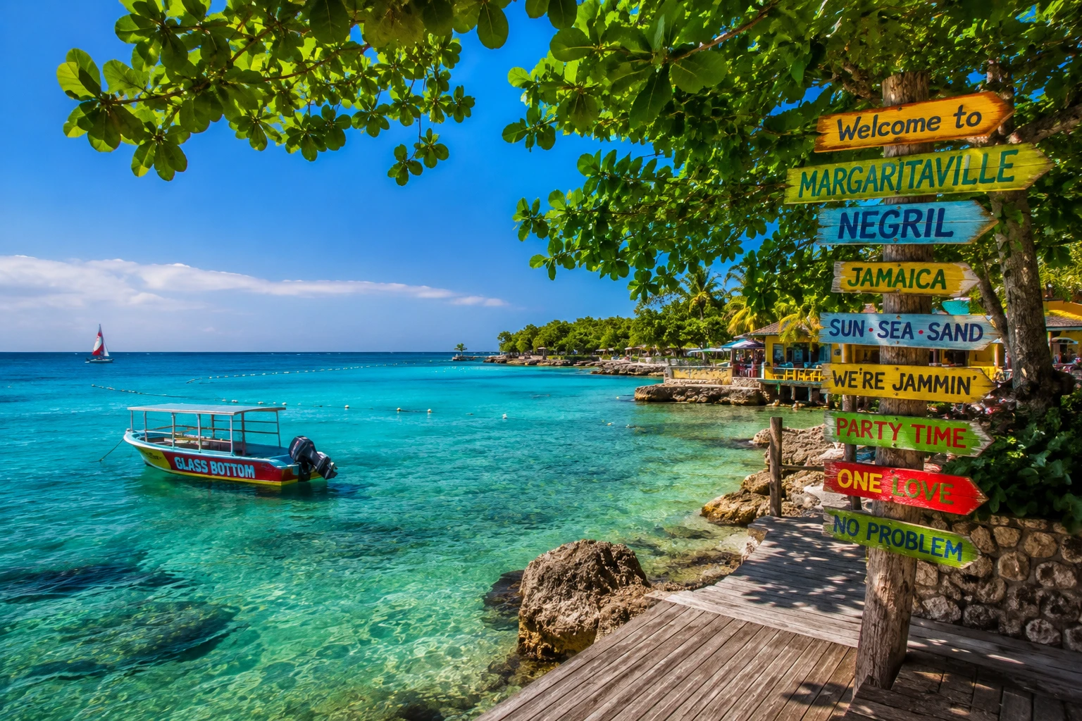 Colorful welcome signpost and glass-bottom boat on the turquoise Jamaican coast
