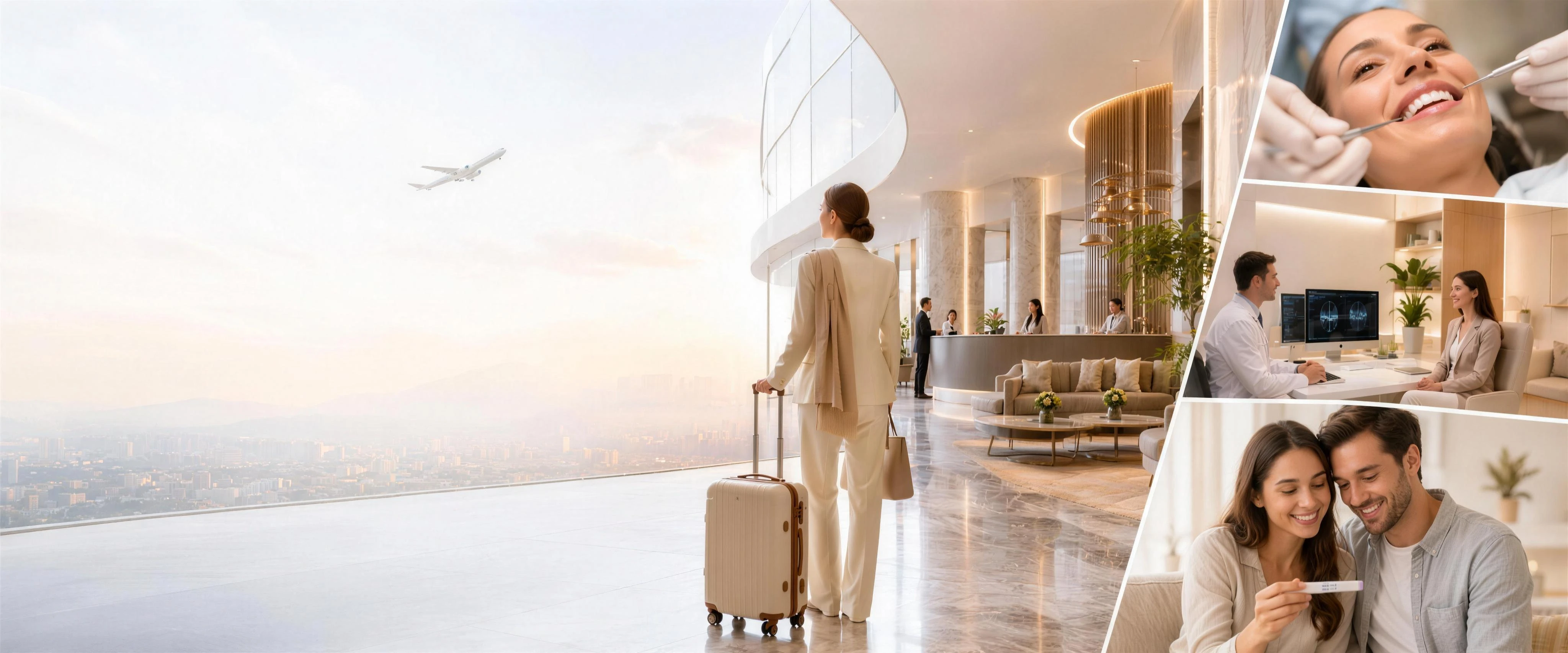 Traveller arriving at a luxury medical facility lobby, alongside dental, consultation and fertility care moments
