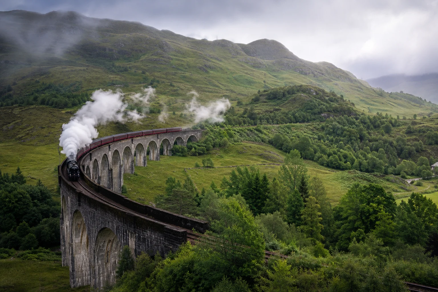 A steam train crossing the curved Glenfinnan Viaduct through the Scottish Highlands