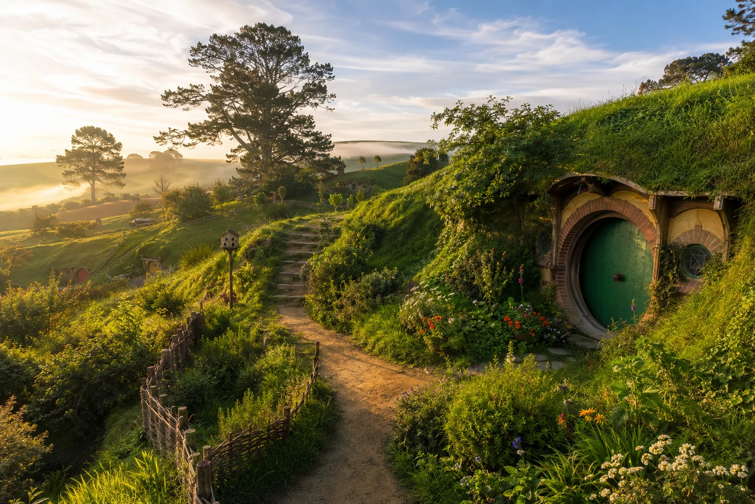 A Hobbit hole with a round green door set into a grassy hillside at Hobbiton, New Zealand