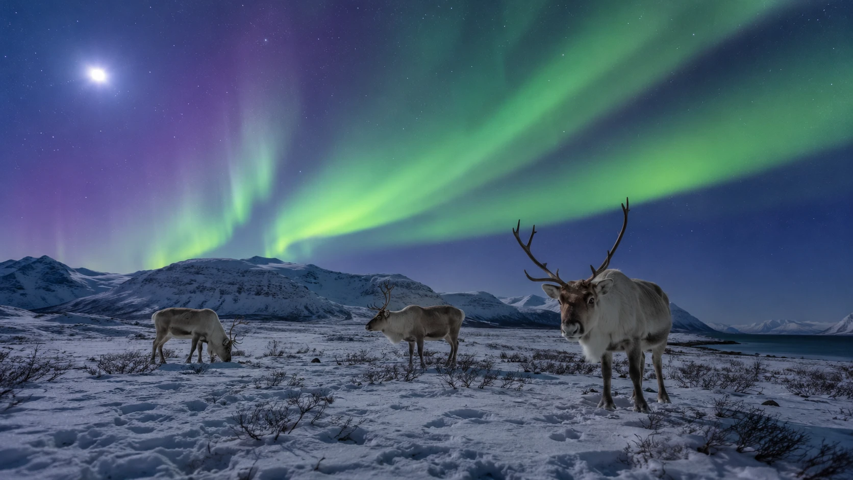Reindeer grazing on snow-covered tundra beneath the northern lights, Arctic Norway