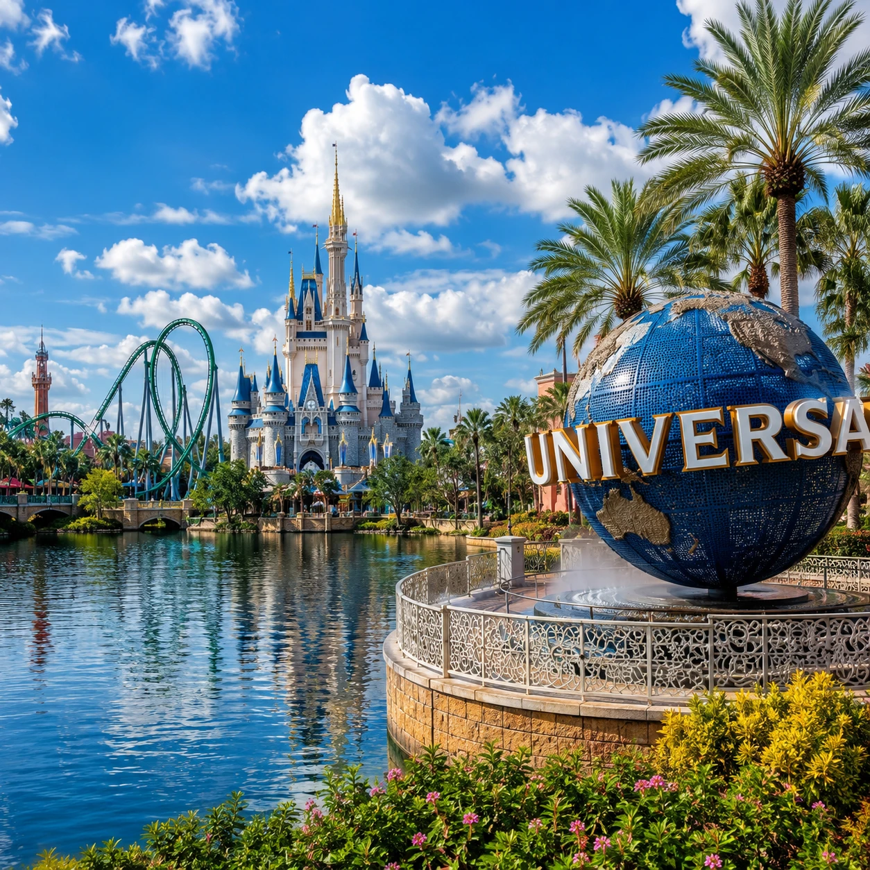 Cinderella Castle and the Universal Studios globe, Orlando, Florida