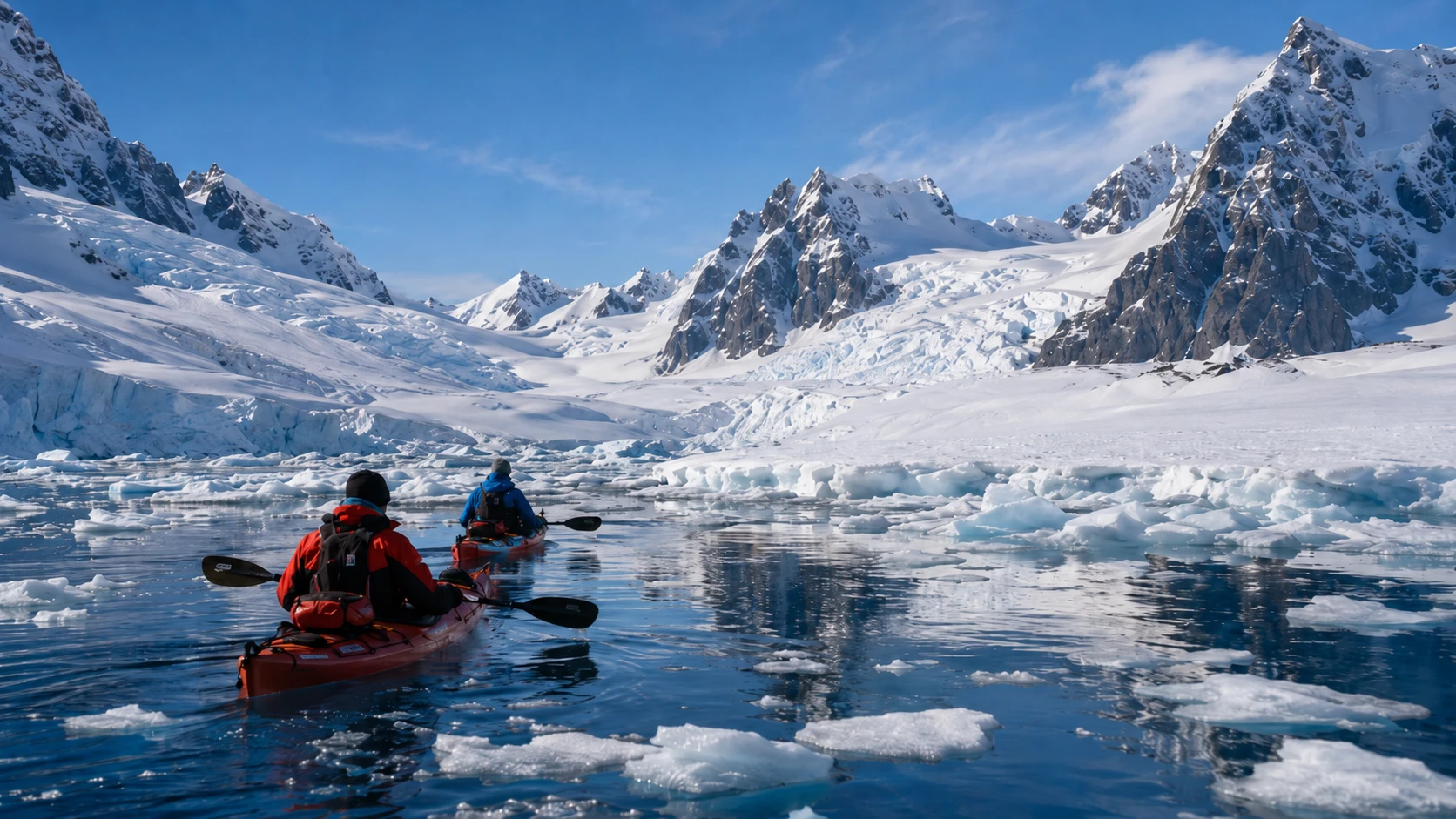 Two sea kayakers paddling through brash ice below a glacier and snow-covered peaks