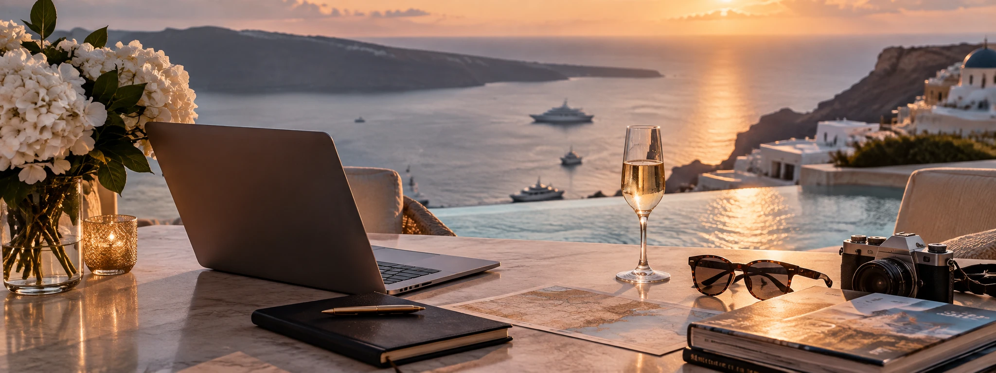 A laptop, champagne and travel maps on a marble table overlooking Santorini at sunset