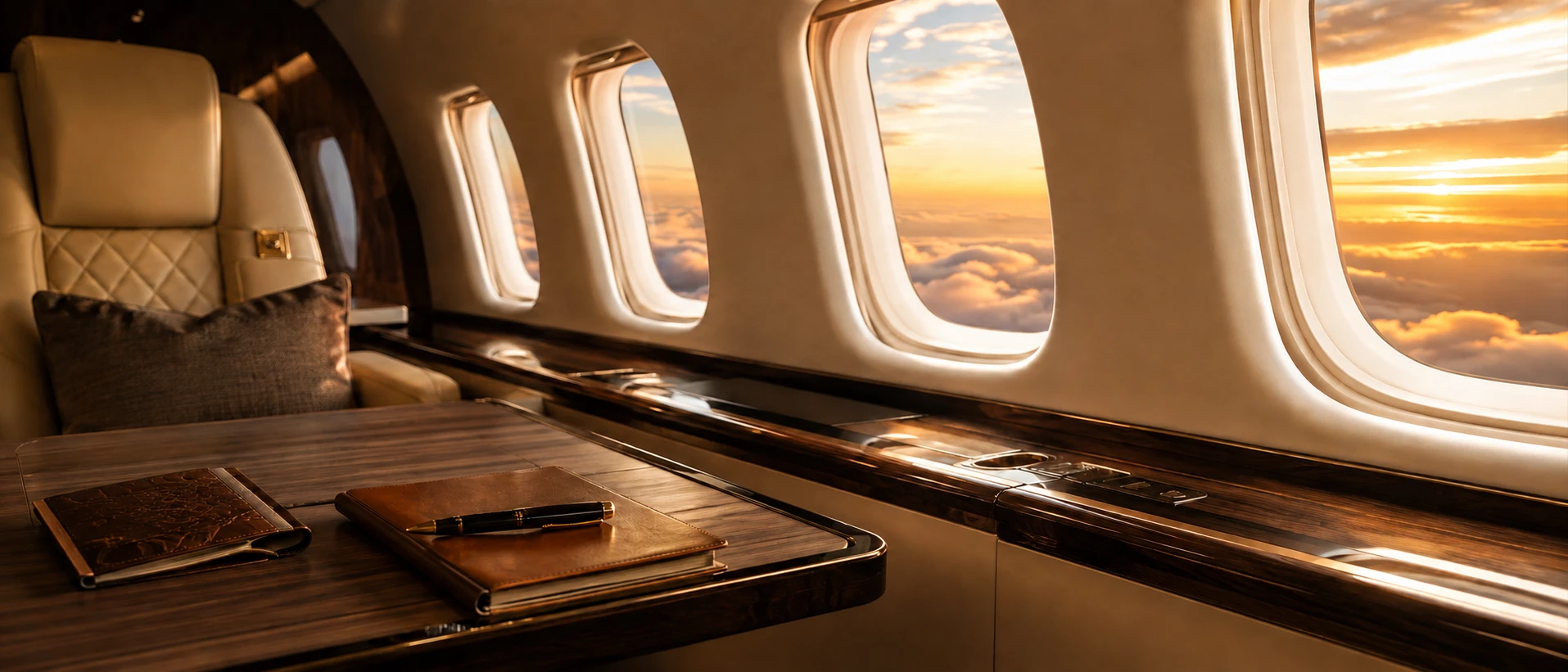 Private jet cabin interior at sunset with a leather notebook and glass on the table