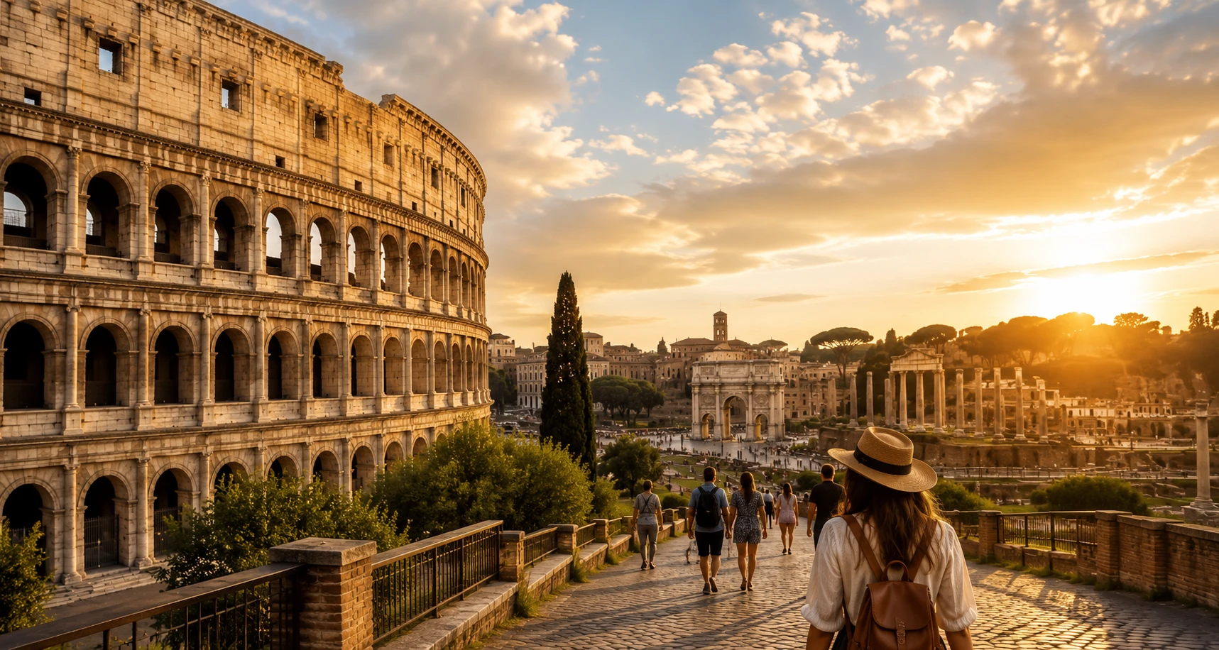 Traveler exploring the Colosseum and Roman Forum at golden hour