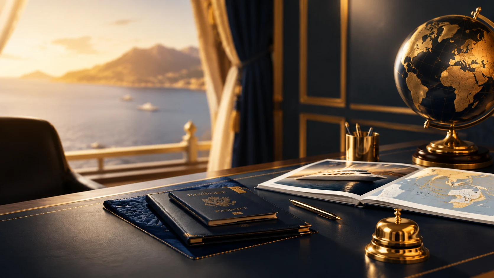 A leather-topped desk with passports, a globe and a concierge bell overlooking the sea at sunset