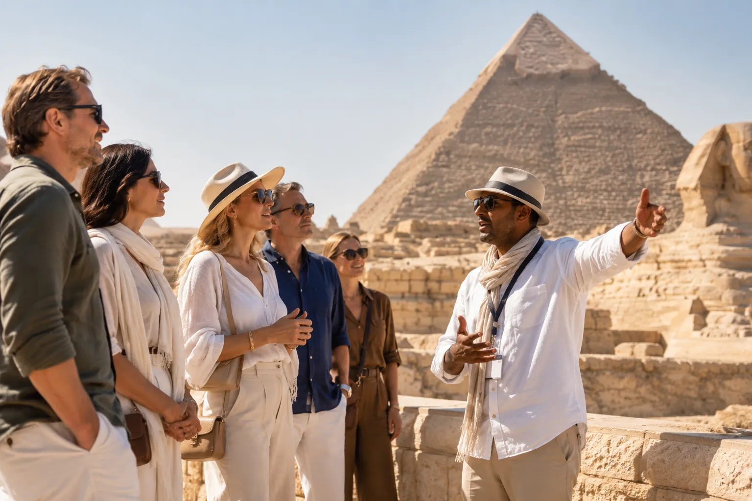 A private guide showing a small group the Pyramid of Khafre and the Sphinx at Giza