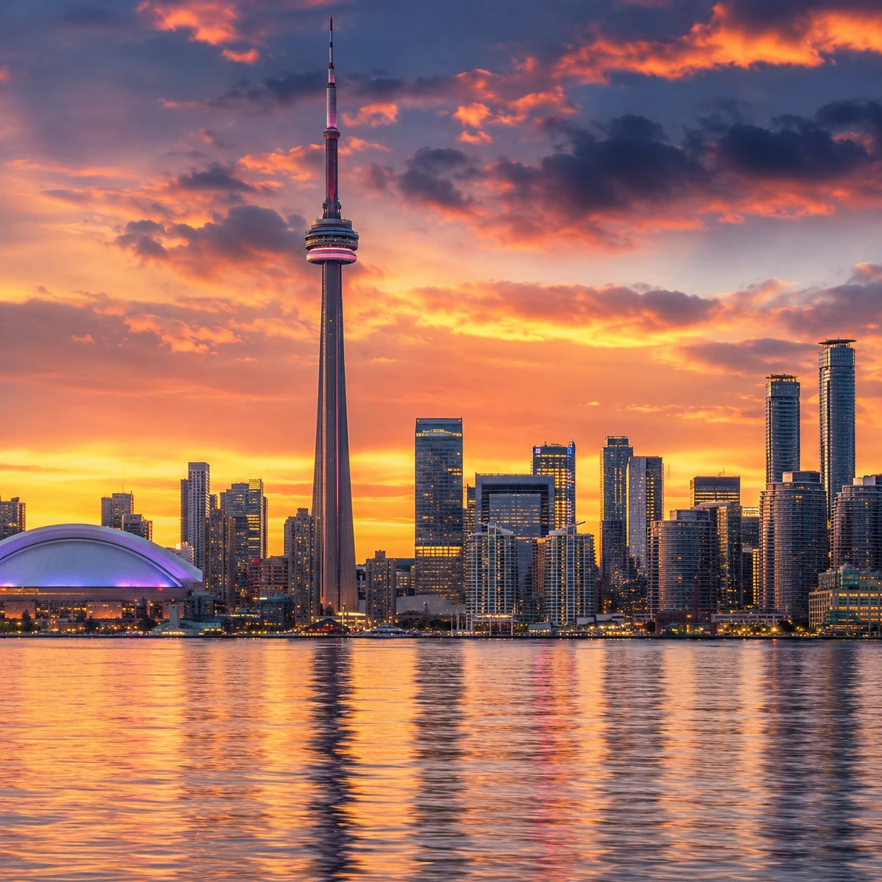Toronto skyline at sunset with the CN Tower, Ontario, Canada