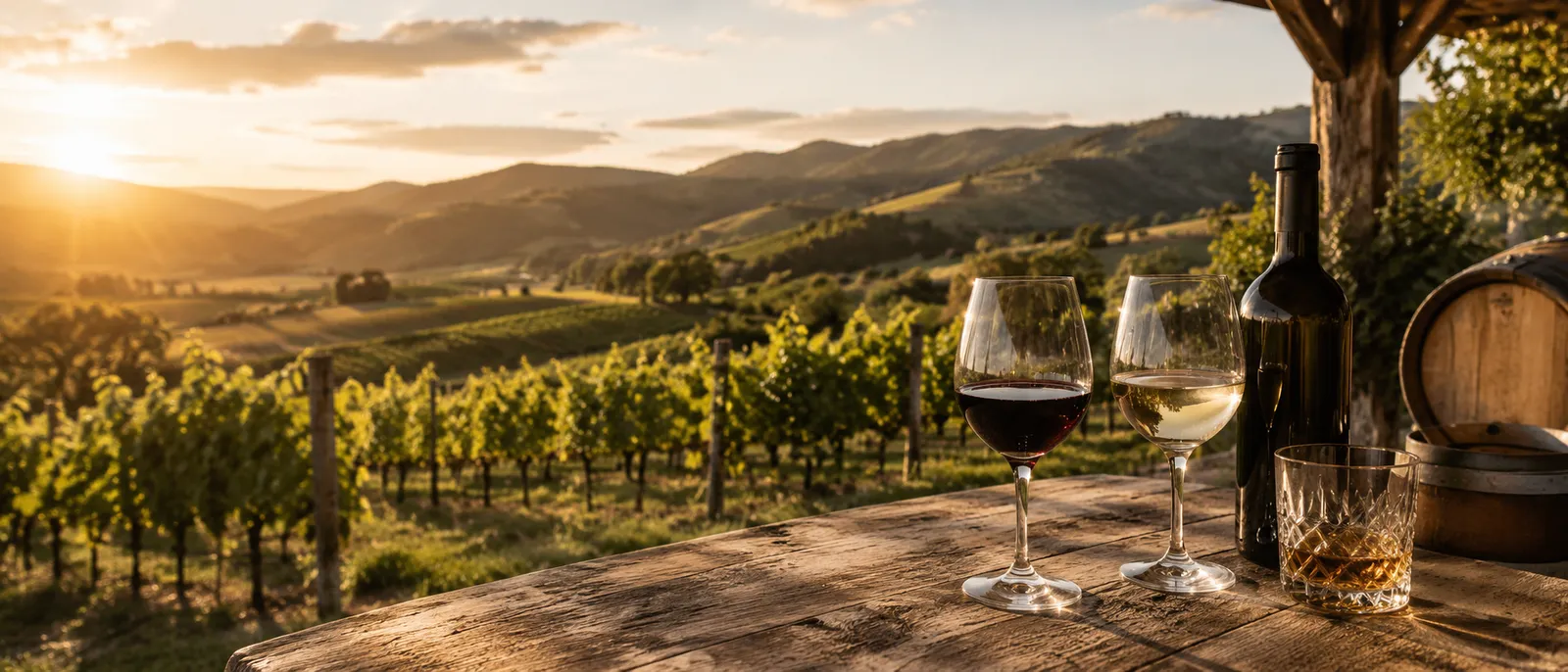 Glasses of red and white wine and a whisky pour on a rustic table overlooking sunlit vineyards at sunset