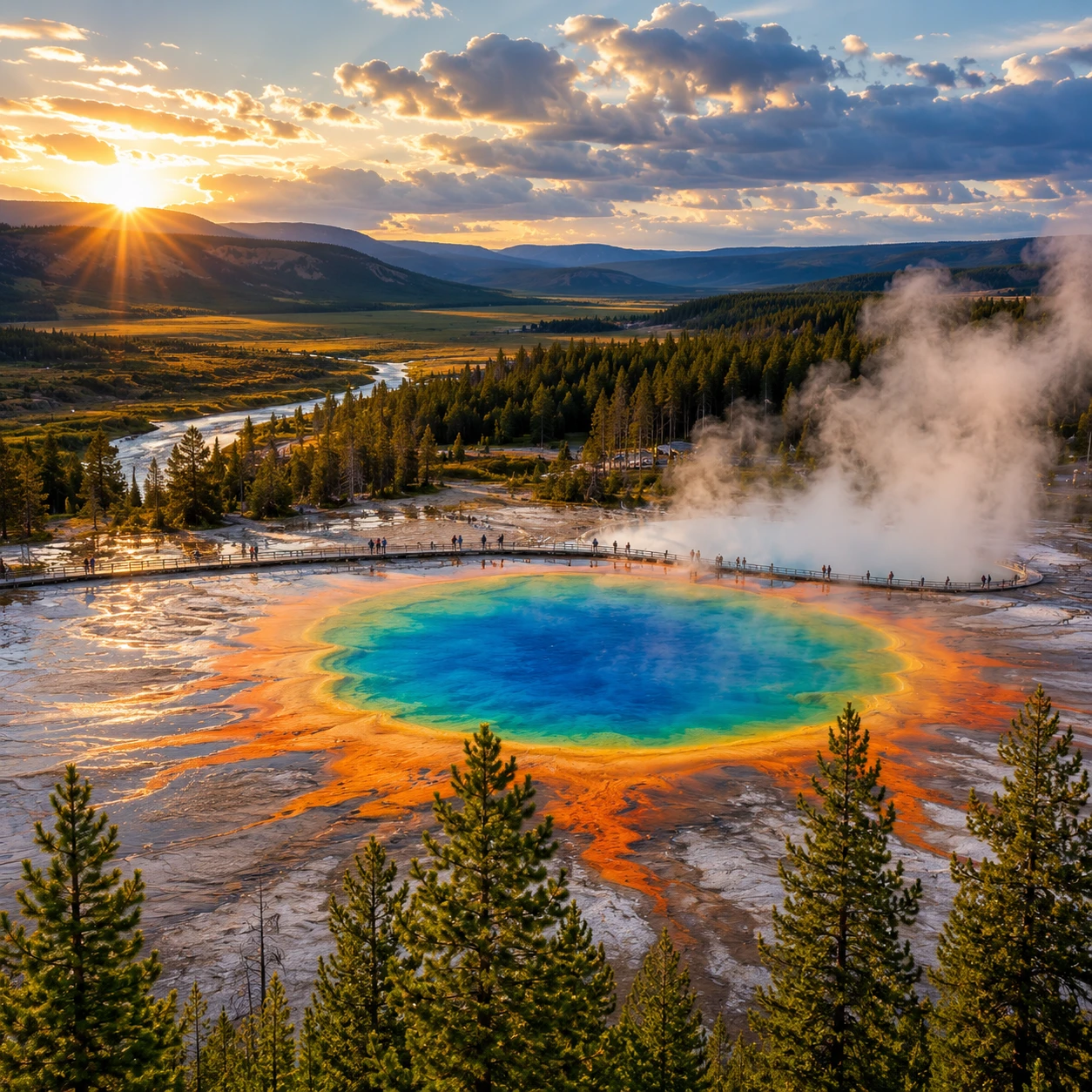 Grand Prismatic Spring at sunset, Yellowstone National Park